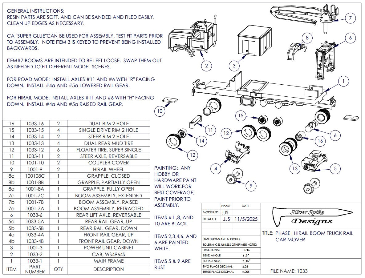 HO Phase I Hirail Boom Truck rail car mover both modes